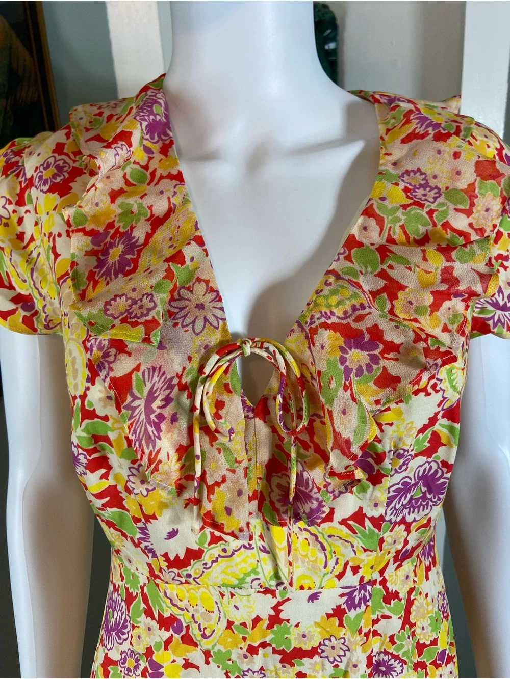 RIXO Jenna Red Summer Meadow Yellow Floral Maxi/Midi Dress Ruffle Sz 2